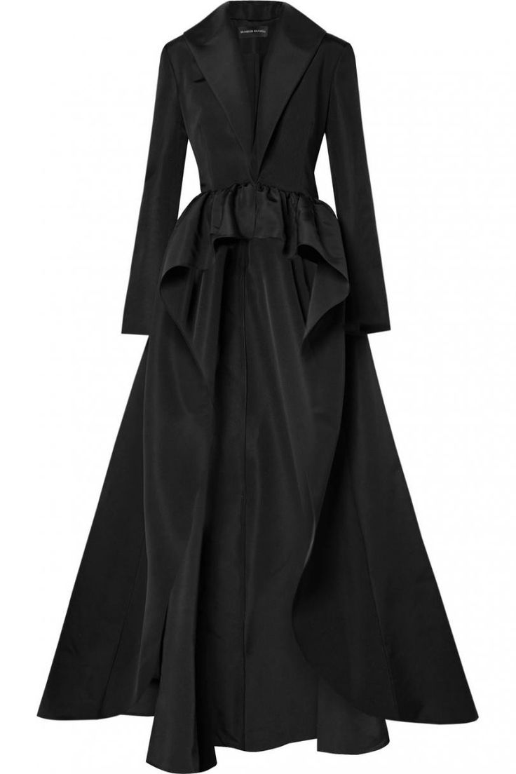 a fulllength black coat dress with long sleeves, a ruffle at the waist, and a high collar. the coat is made of a silky material and is very elegant. it is a designer piece that would be perfect for a formal event. the dress is very figurehugging and would be a great choice for someone who wants to make a statement.