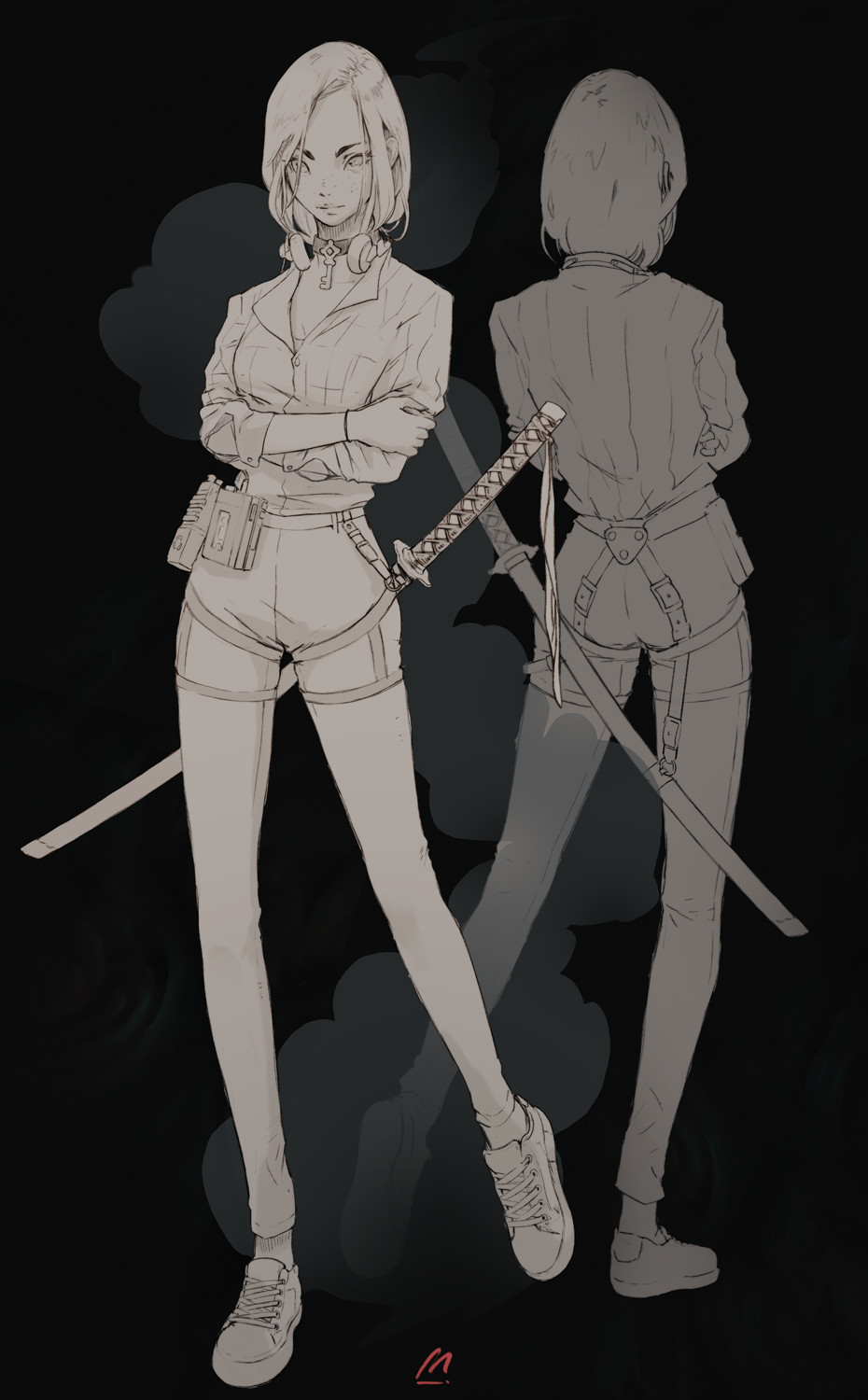 the image is a digital drawing of two anime girls, one in the foreground and one in the background. the foreground girl has long blonde hair, is wearing a casual outfit, and is holding a katana sword. the background girl has short black hair, is wearing a similar outfit but with a more fitted style, and is holding the sword in a reversed grip. both girls have a cool and confident expression, with their poses conveying strength and power. the background is dark with abstract shapes that create a sense of mystery and depth. overall, the image is a visually striking and dynamic portrayal of two strong and stylish female characters.