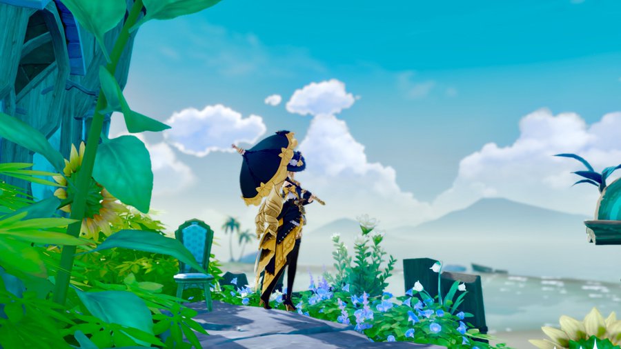 the image is a screenshot from the video game genshin impact. it features raiden shogun, a prominent character in the game, standing on a tropical beach. she is elegantly dressed in a golden and black outfit and holds a black parasol. the background shows a serene seascape with a clear blue sky, fluffy clouds, lush greenery, and flowers. a wooden structure and a chair are visible in the foreground, adding to the tropical ambiance. the overall scene conveys a peaceful and idyllic mood.