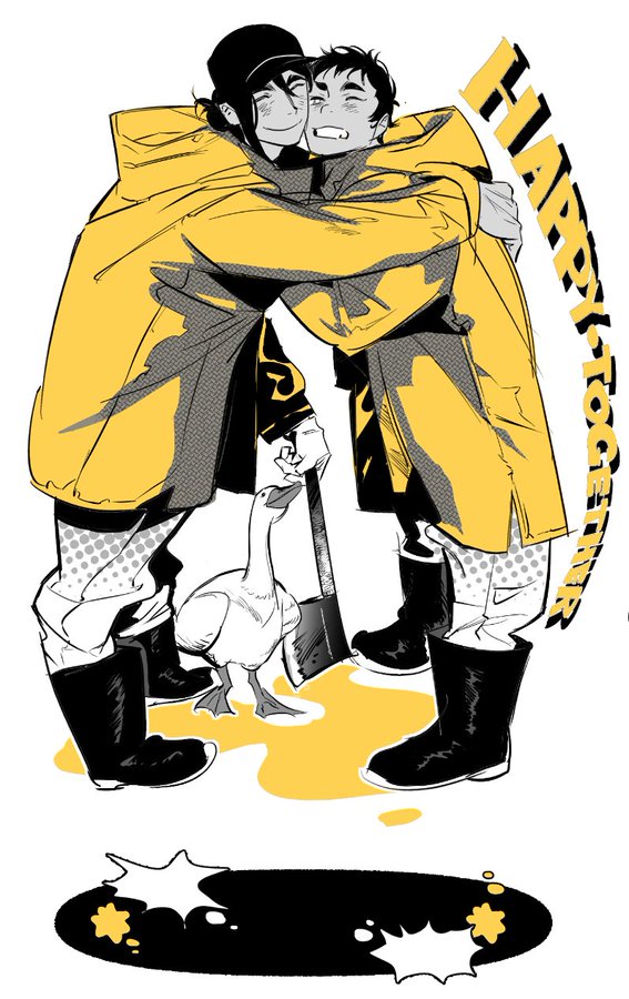 two men are hugging each other tightly in yellow jackets and snow boots. they are standing in a puddle with a goose in front of them and a shovel behind them. they are smiling and look happy together. the background is white. the image is drawn in black and white with yellow accents.