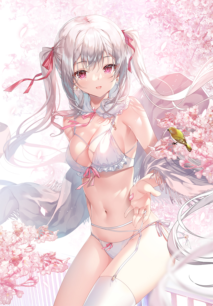 he image is a digital illustration of an anime girl with long, white hair styled in pigtails with pink ribbons. she has large pink eyes and is wearing a delicate white lingerie set that includes a bra, panties, and garter belt. she is also wearing white stockings. the girl is posed in a seductive manner, her hand outstretched as if reaching for something. the background is a soft, pastel pink with cherry blossoms and a small yellow bird perched on a branch. the overall style of the image is soft, delicate, and romantic.