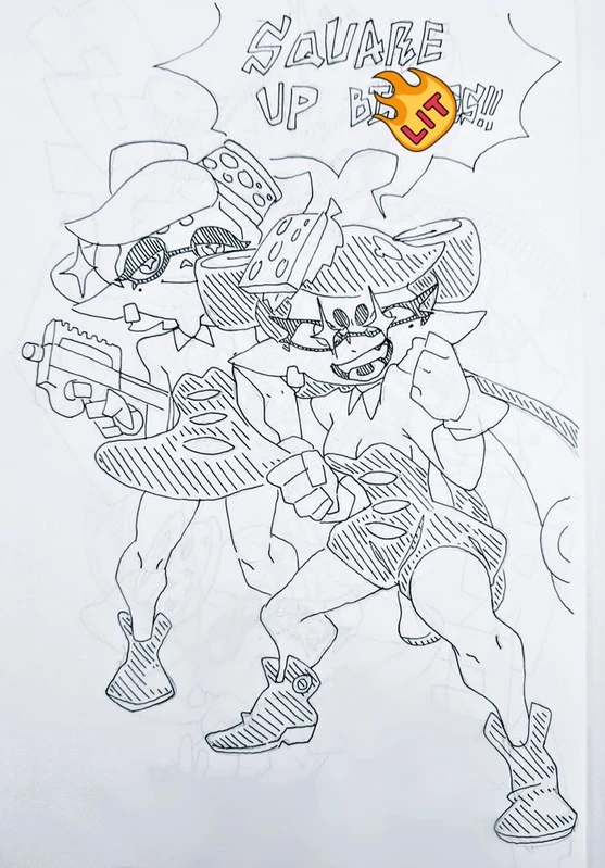 a black and white drawing of two female characters, they look like anime characters, one has a sword and the other is holding a gun. they appear to be in a fight. the drawing has been done using a black ink pen and has a detailed style. the background has a speech bubble with the word "square" inside.