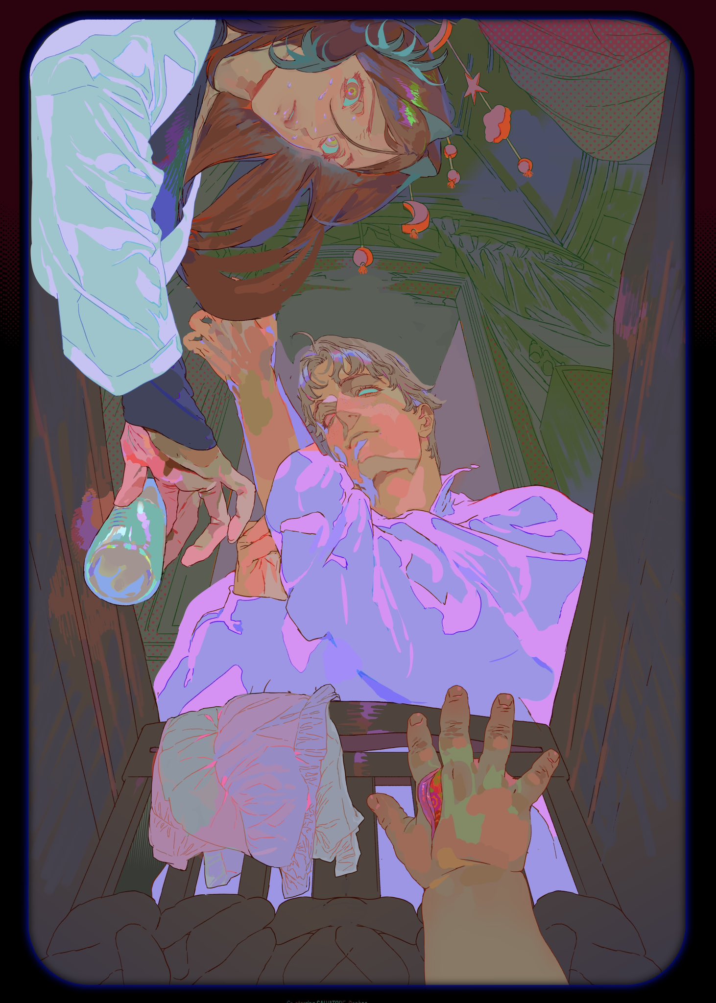 a digital painting depicts a surreal and intimate scene from a highangle perspective, looking down into a crib. a man in a white shirt lies in the crib, appearing peaceful or asleep. above him, a woman with flowing brown hair and otherworldly eyes leans down, her hand holding a baby bottle. a baby's hand reaches up from below, and a diaper is draped over the side of the crib. the colors are vibrant and pastel, creating a dreamlike and affectionate atmosphere. the overall style suggests a fairytale or fantasy context, emphasizing love, tenderness, and family.