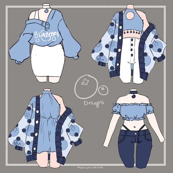 four different outfit designs featuring a blueberry theme. each design incorporates a blueberrypatterned cardigan, paired with various tops and bottoms such as crop tops, skirts, jeans, halter tops, and offshoulder tops.