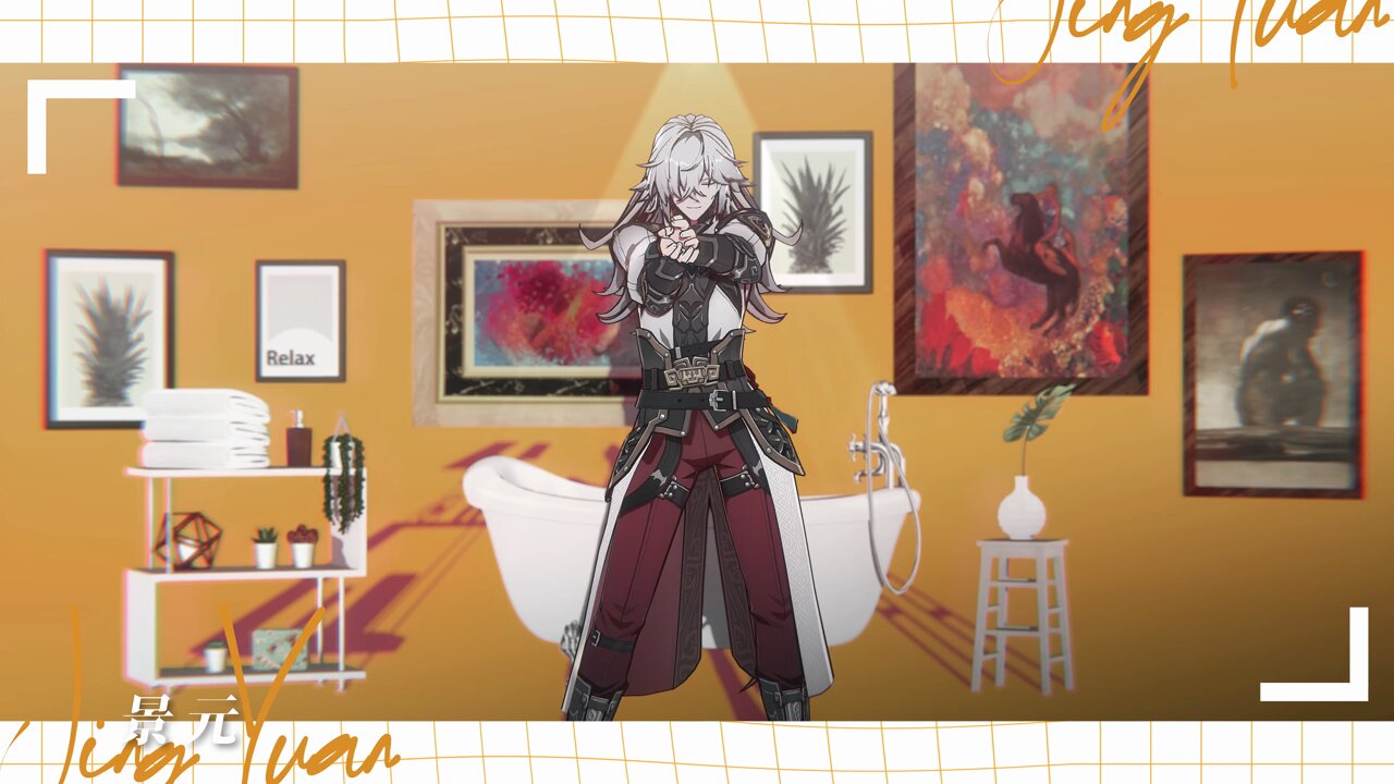 the image features a cartoon anime male character standing in a bathroom. the male character is whitehaired and wearing a white shirt, a black jacket, red pants, and black boots.  he is standing in front of a white bathtub with a green plant in a white vase on the side. the bathroom is decorated with artwork and a shelf with towels on it. the bathroom walls are yellow and there is a "relax" sign on the wall. the background is a grid of white and yellow.