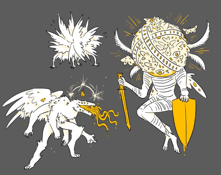 a digital drawing of 3 creatures, each with wings. the one on the top right is holding a shield and a sword, the one on the bottom left is emitting a bright glow from its head and the one on the top left has spiky white appendages. all are a white color with gold accents.
