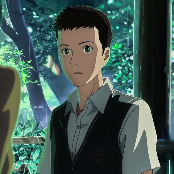 the image shows a young man with short brown hair and brown eyes, his expression a mix of surprise and apprehension. he wears a typical japanese school uniform with a white shirt and a dark vest. the background suggests a lush, green forest, and the presence of rain creates a tranquil yet melancholic atmosphere. the soft, diffused lighting further enhances the mood, casting subtle shadows on the character's face. this evokes a sense of contemplation and perhaps a hint of sadness.