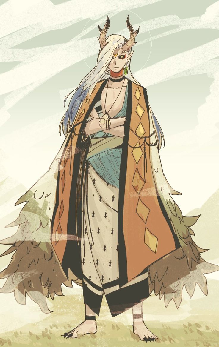 a digital illustration of a male character with white hair and horns in a feathered robe and a kimono, he is standing with his arms crossed in a grassy field. his clothing is a mixture of yellow, orange, and brown. he has green eyes and gold jewelry. the sky is a light blue with white clouds in the background.