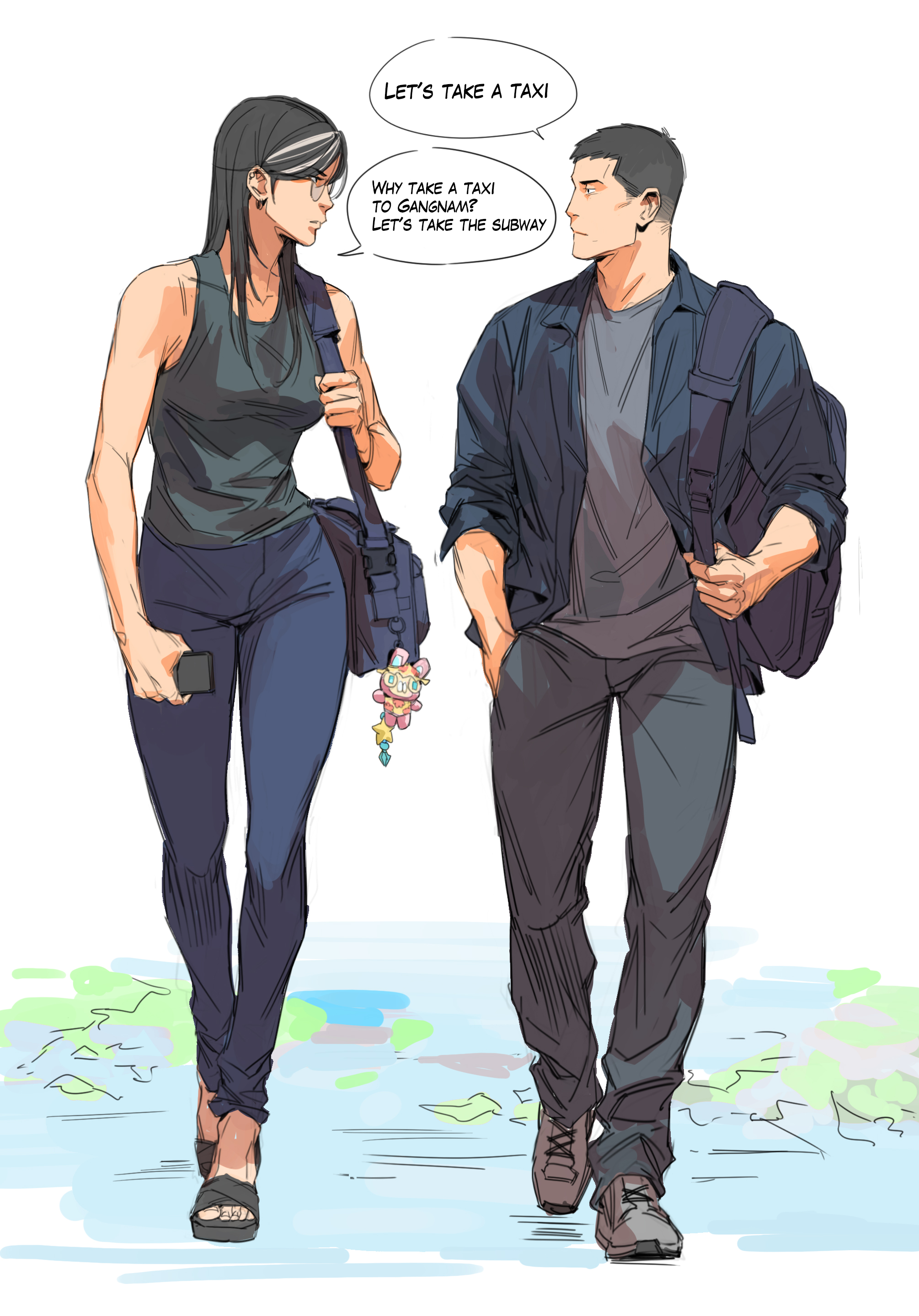 the image is a digital illustration in an anime/manga style. it depicts a young man and woman walking down a street, likely in a korean city, given the reference to gangnam.  the woman is carrying a shoulder bag and the man a backpack.  a speech bubble shows a discussion about whether to take a taxi or the subway to gangnam. their clothing styles are casual and contemporary. the overall style is light and slightly sketchy, with soft lines and colors. the background is a simplified, hazy representation of a city street.