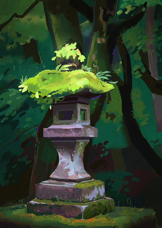 a digital painting of a stone lantern overgrown with moss in a lush green forest. the lantern is weathered and aged, blending in with its natural surroundings. the scene evokes a sense of tranquility and peace.