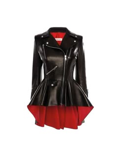 a black leather jacket with a red lining and ruffle detail. the jacket has a zipper closure and a biker style. it is a very stylish and edgy piece of clothing.