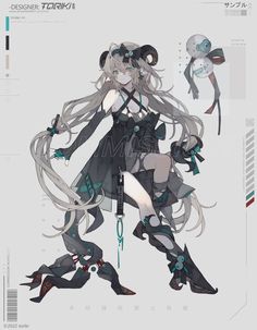 a digital drawing of an animestyle female character with long, flowing white hair styled in braids and adorned with horns. she wears a revealing black and teal outfit with thighhigh boots and a robotic arm.  she holds a futuristic weapon in a dynamic pose, suggesting action and power. the overall aesthetic leans towards a cyberpunk or futuristic theme.