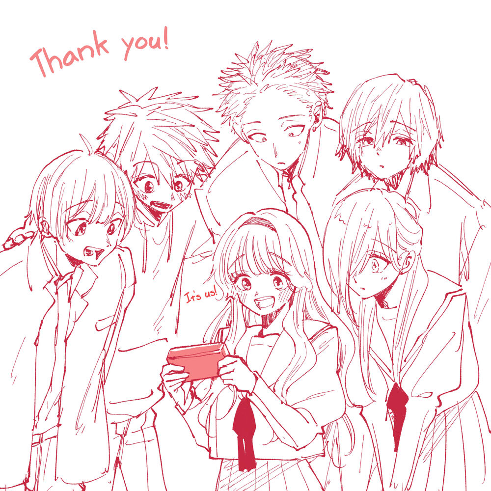 the image is a charming animestyle illustration or sketch showing a group of six students, predominantly female, huddled together.  they appear happy and are possibly playing a game on a small handheld device held by a girl in the center.  the art style is light, sketchy, and uses primarily pink/red tones. the overall mood is cheerful and appreciative, highlighted by the "thank you!" message at the top.  the characters are drawn in a slightly chibilike style, emphasizing their cuteness and making them appear youthful.  the scene suggests a moment of shared enjoyment and camaraderie amongst friends.