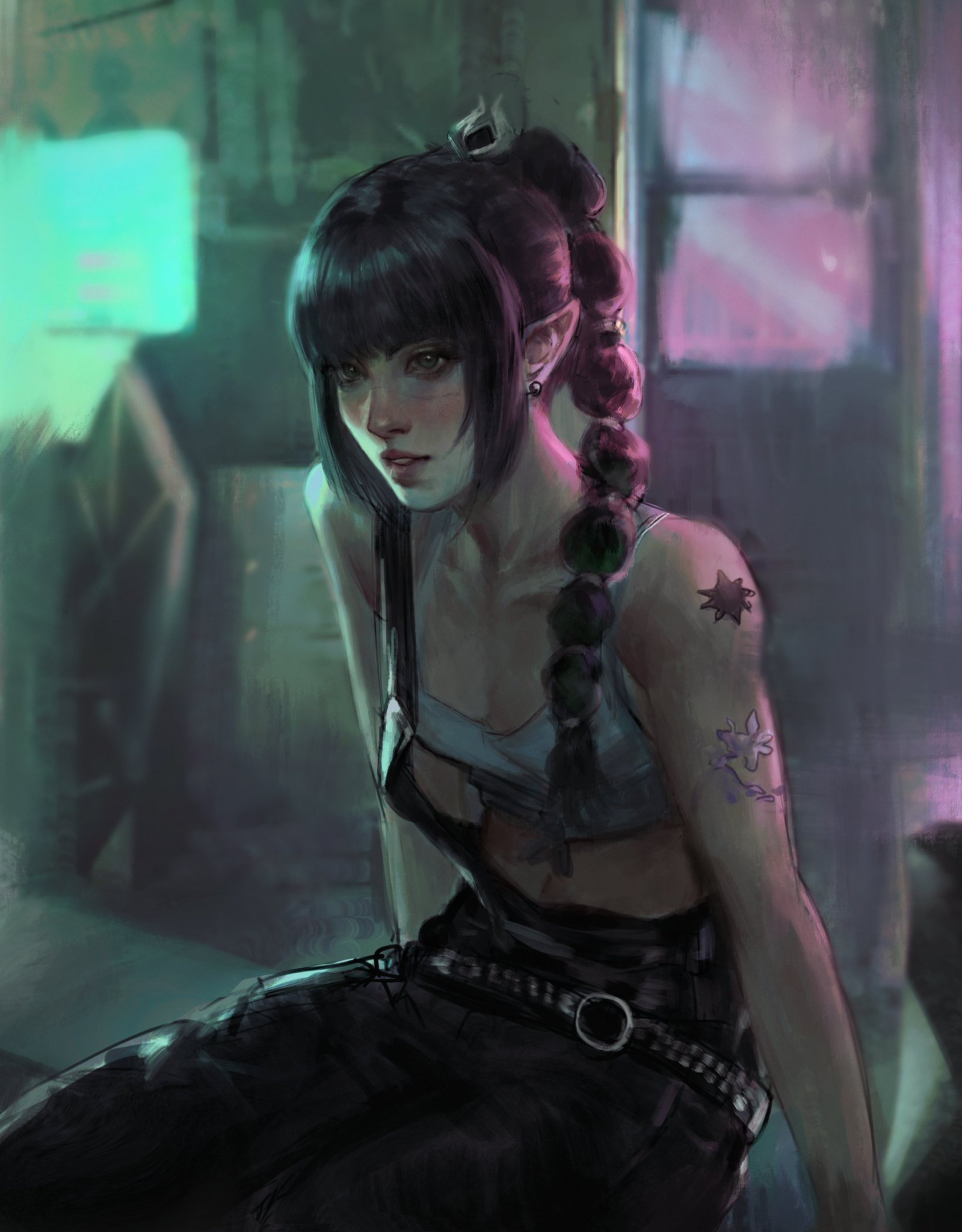 the digital painting depicts a young, possibly elven, woman with dark hair styled in a braid with bangs, sitting pensively in a dimly lit, cyberpunkinspired urban setting. neon lights cast a teal and purple glow around her.  she is dressed in dark clothing resembling overalls or a similar garment with straps, accessorized with a belt with a large buckle. a noticeable starshaped tattoo and a smaller florallike tattoo adorn her arm. the overall mood is dark, atmospheric, and intriguing, with a focus on the character's pensive expression. the style is realistic, with attention to detail in the character's features, clothing, and the environment.