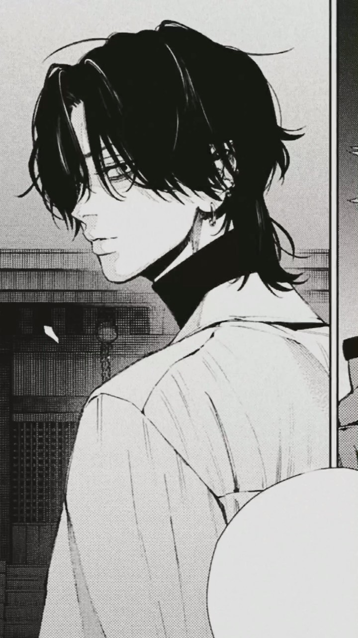 the image is a black and white closeup illustration of an animestyle male character. he has long, dark hair that partially obscures his face. his expression is serious and somewhat pensive. he's wearing a highcollared shirt or turtleneck under a loose, lightcolored outer garment. the style is reminiscent of manga or graphic novels, with detailed shading and linework. the background is a textured grey with hints of building structures, suggesting an urban setting.  part of the image is cropped, showing only a portion of the character and background.