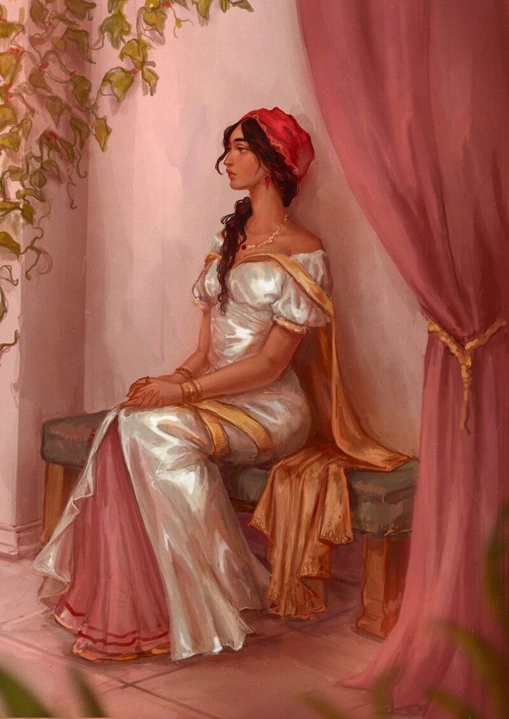 the image is a digital painting depicting a woman in a flowing white gown with gold accents. she is sitting on a bench, dressed in an elegant style that evokes a sense of historical or classical aesthetics. her dark hair is partially pulled back, and she wears a red headwrap. she is thoughtfully gazing off into the distance. the background features pink curtains and walls, with ivy growing near a window. the overall mood is serene and elegant. the artist's style is painterly, with soft light and warm colors creating a calming and rich ambiance.