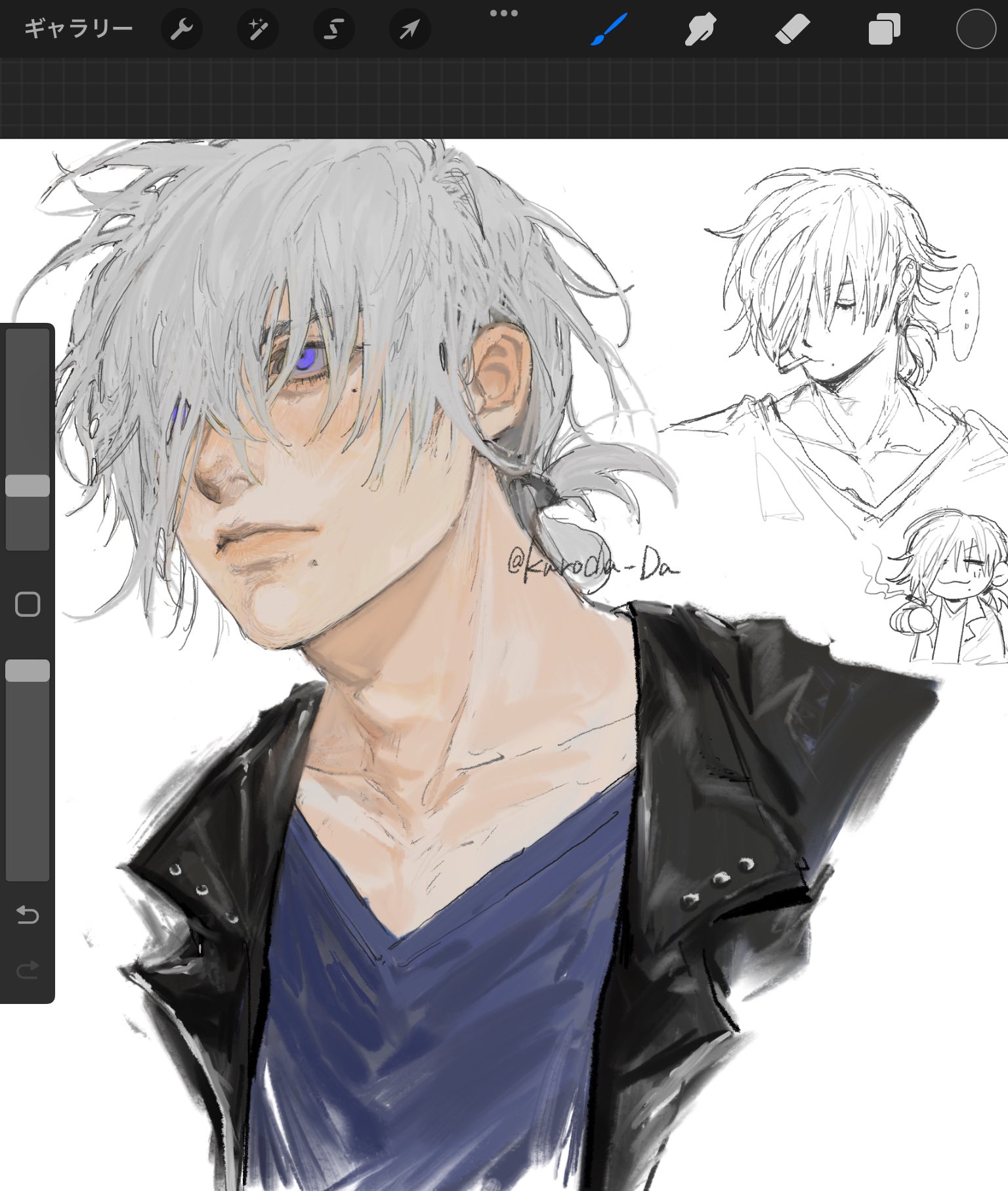 a digital drawing of a young man with white hair and purple eyes. he is wearing a black leather jacket and a blue shirt. the drawing is a sketch with some areas more rendered than others. the lighting is soft and the overall tone of the image is cool. the man is looking slightly to the left of the viewer.
