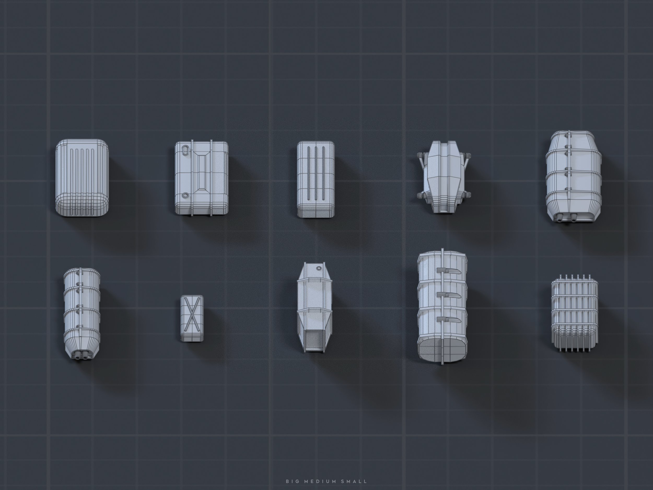 the image showcases a collection of twelve 3d wireframe models of various container shapes and sizes.  they are presented from a topdown perspective on a dark gray gridded background, allowing for clear visualization of their dimensions and overall design.  the containers range in size from small rectangular boxes to larger cylindrical barrels, suggesting a range of storage or shipping applications. the wireframe style emphasizes the models' geometry and structure.  the caption "big medium small" suggests a deliberate size comparison. the overall aesthetic is clean, simple and technical.