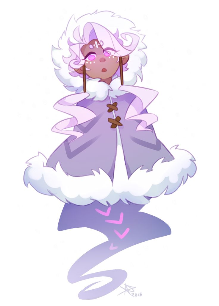 a cute anime girl dressed in a fluffy white and purple coat with a pink hood and pink eyes. she has a faint ghostly glow around her and is surrounded by a trail of pink hearts.