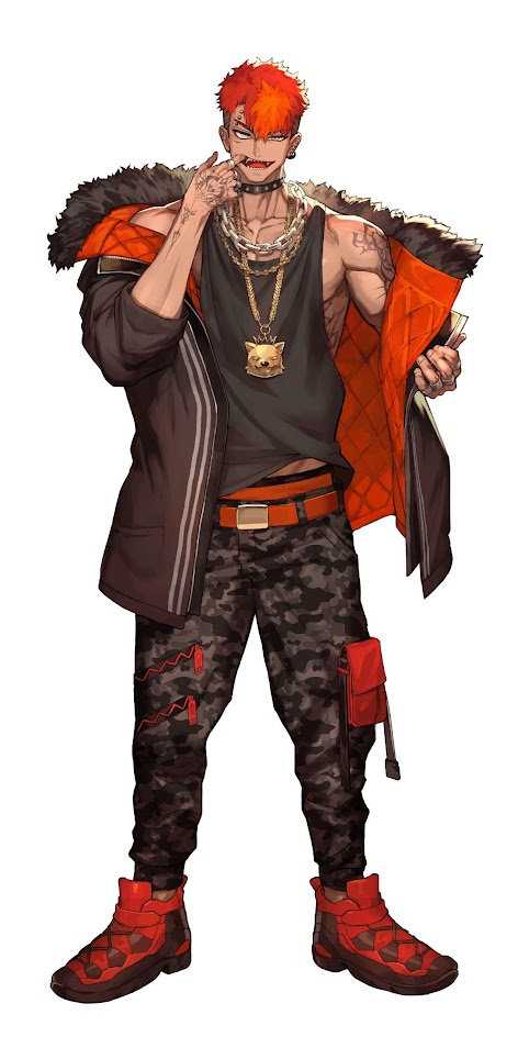an animestyle illustration of a young man standing in front of a white background. he has red hair and is wearing a black jacket with orange sleeves. the jacket is partially unzipped to show a black tank top with a gold chain necklace. he is also wearing camo pants and red and black boots. he is making a hand gesture with his left hand as if he is about to say something and is holding his right hand up near his chest.