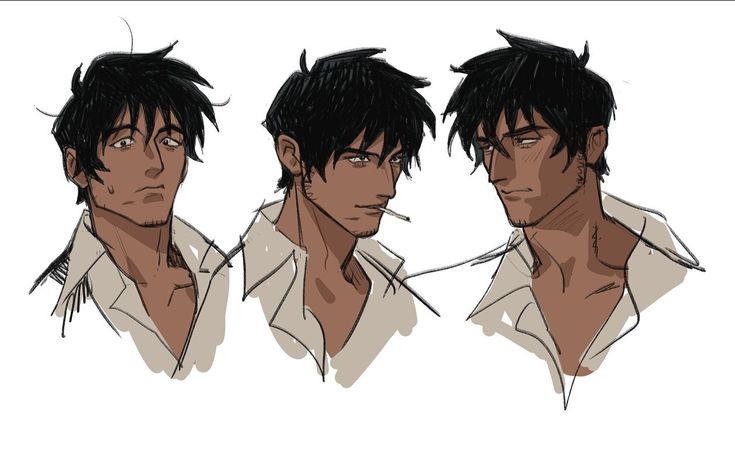 the image displays three distinct sketches of the same male character, showcasing variations in his pose and facial expression.  the style is reminiscent of concept art for a graphic novel or comic book, with loose, expressive lines and shading. the character is a tanskinned man with dark hair, dressed in a loosely buttoned, opencollared shirt.  one sketch shows a frontfacing portrait, while the other two show his head and shoulders in a profile or slightly turned view.  each sketch captures a different nuance in his expression; one appears neutral or slightly sad, another suggests thoughtful contemplation or perhaps slight smugness, and the third seems more relaxed or even slightly bored. the overall style is dynamic and emphasizes personality through the character's expressive features and the artist's loose line work.