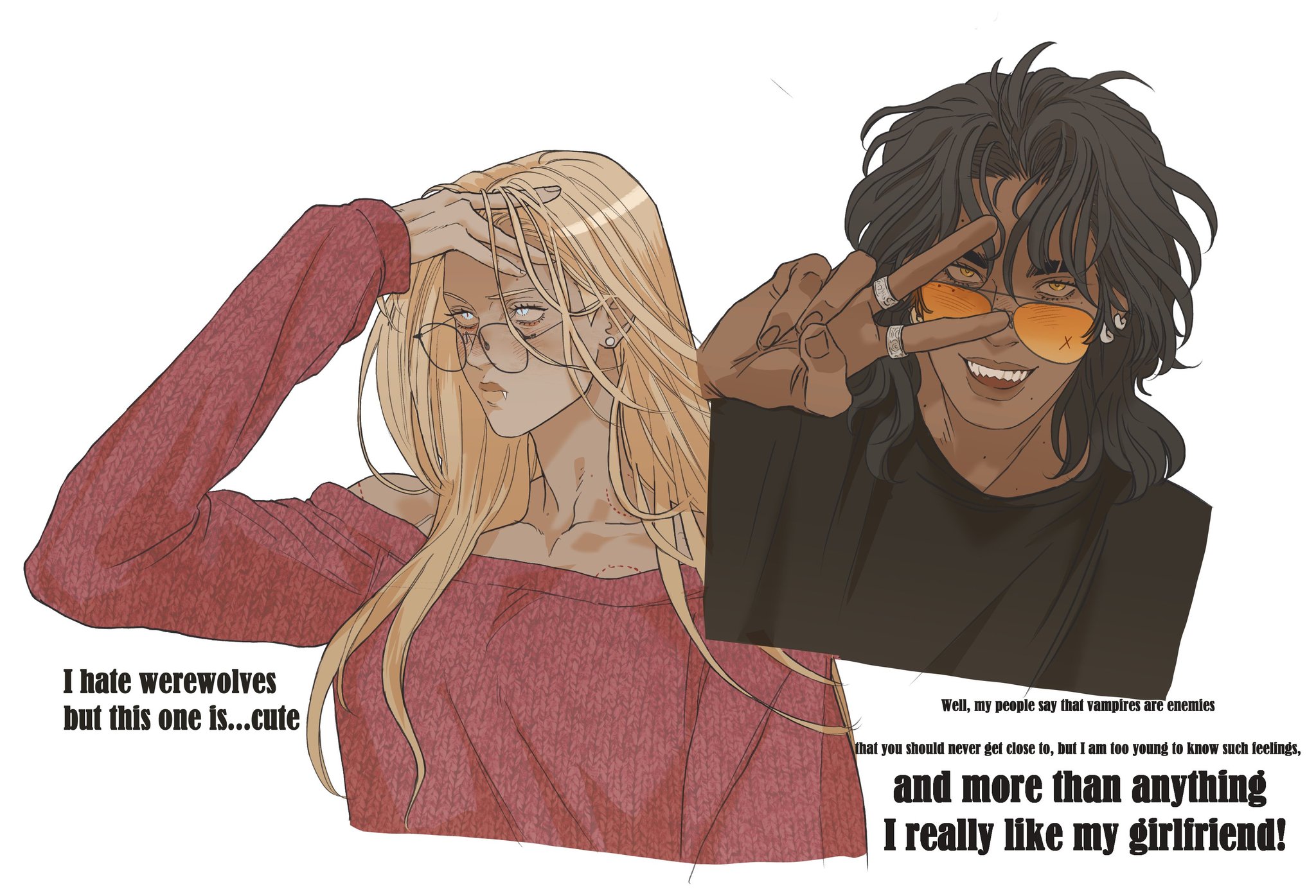 the image depicts an animestyle drawing of a vampire and a werewolf in a relationship. the blondehaired werewolf, wearing glasses and a pink offtheshoulder sweater, expresses that she hates werewolves but finds her vampire partner cute. the darkhaired vampire, wearing sunglasses and a black shirt, returns the sentiment, stating that although their people are enemies, he really likes his girlfriend. the image is accompanied by text bubbles containing their respective thoughts.