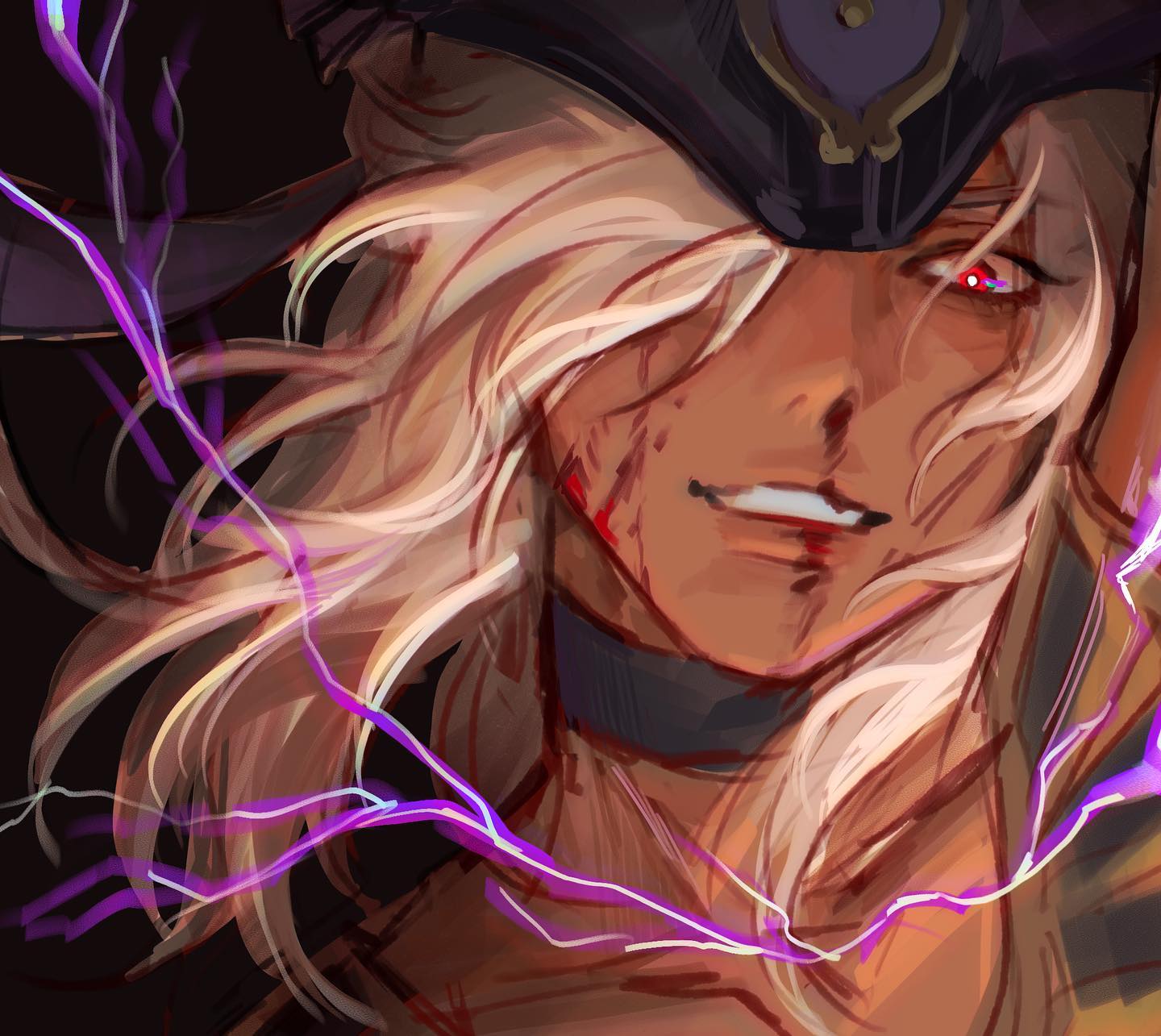 a digital drawing of a male character with long white hair and a pirate hat.  his expression is menacing, with glowing red eyes and a bloody grin revealing sharp teeth.  he has a scar running down his left cheek, and glowing purple electricity crackles around him. the background is dark, emphasizing the character and the dramatic lighting on his face. the closeup perspective creates a sense of intimacy and danger.