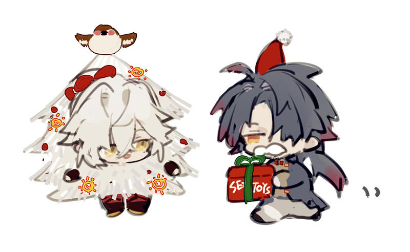 the image is a digital illustration of two anime characters in chibi style. the character on the left is dressed in a white christmas tree costume with a red bow and bird on top. the character on the right is dressed in a black jacket and a santa hat and is holding a red gift box. the image is set against a white background.