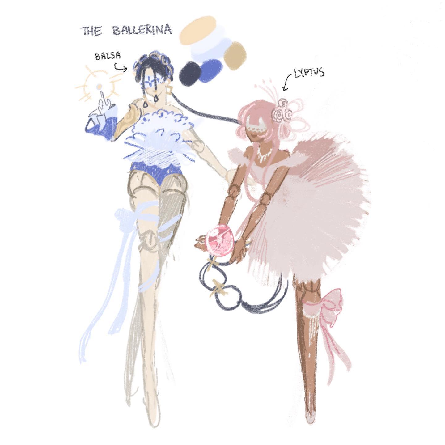 the image shows a sketch of two ballerinas. the ballerina on the left is drawn in cool tones, with blue and white accents. she's labeled "the ballerina" and "balsa". she is wearing a short tutu, arm warmers, and thigh highs.  the ballerina on the right is drawn in warmer tones, with pink accents. she is labeled "lyptus".  she has a flower in her hair and is wearing a traditionallength tutu. both ballerinas have their hair pulled back and are wearing makeup. the image also includes a color palette.