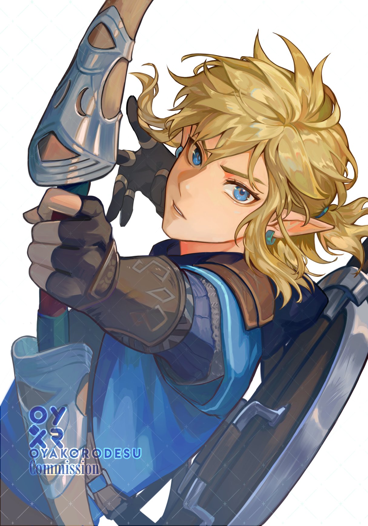 a stylized illustration of link from the legend of zelda: breath of the wild. he is depicted in his blue and green tunic, holding a bow and arrow, with his sword and shield visible in the background. he has a determined expression on his face. the style of the artwork is animeinspired, and it is very detailed.