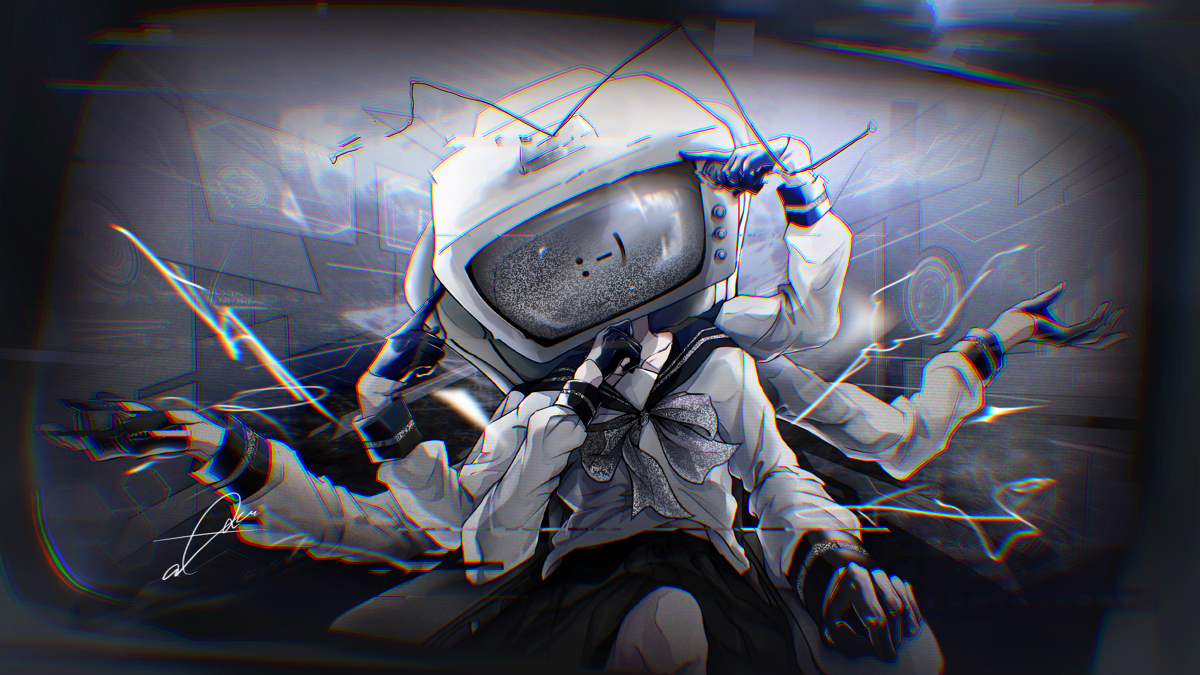 the image shows an animestyle character with a retro television set as a head. the screen displays a static effect with a ":)" emoticon. the character is wearing a sailorstyle school uniform and black gloves. they have multiple arms extending outwards. the image has a monochrome color scheme, predominantly in shades of black, white, and gray. a glitch distortion effect is applied throughout the image, with chromatic aberration and other visual distortions. the background includes distorted shapes and lines.