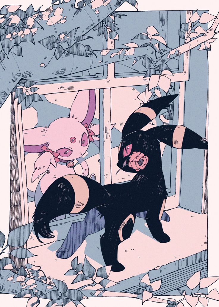 he image is a digital illustration featuring two pokémon, umbreon and espeon, situated near a window. umbreon is a darkcolored pokémon with a rose behind its head, while espeon is light pink.  both pokémon are depicted in a cute, animestyle. the setting appears to be outdoors, with leaves and branches framing the window. the overall color palette is pastel and soft, giving a gentle, dreamy feel to the artwork. the style is reminiscent of both anime and manga aesthetics.