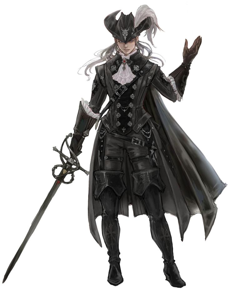 the image depicts a fullbody illustration of a female fantasy character. she is elegantly dressed in a dark, almost entirely black, 17thcenturyinspired outfit. this includes a long coat, high boots, a tricorn hat adorned with a feather, and a richly detailed bodice.  the character carries a rapier, a slender sword typically associated with fencing. her long, pale hair contrasts against the dark clothing. her expression is composed and somewhat aloof. the art style suggests concept art for a video game or book, with a strong emphasis on detail and a dark, fantasy aesthetic. the background is pure white, making the character the sole focus.