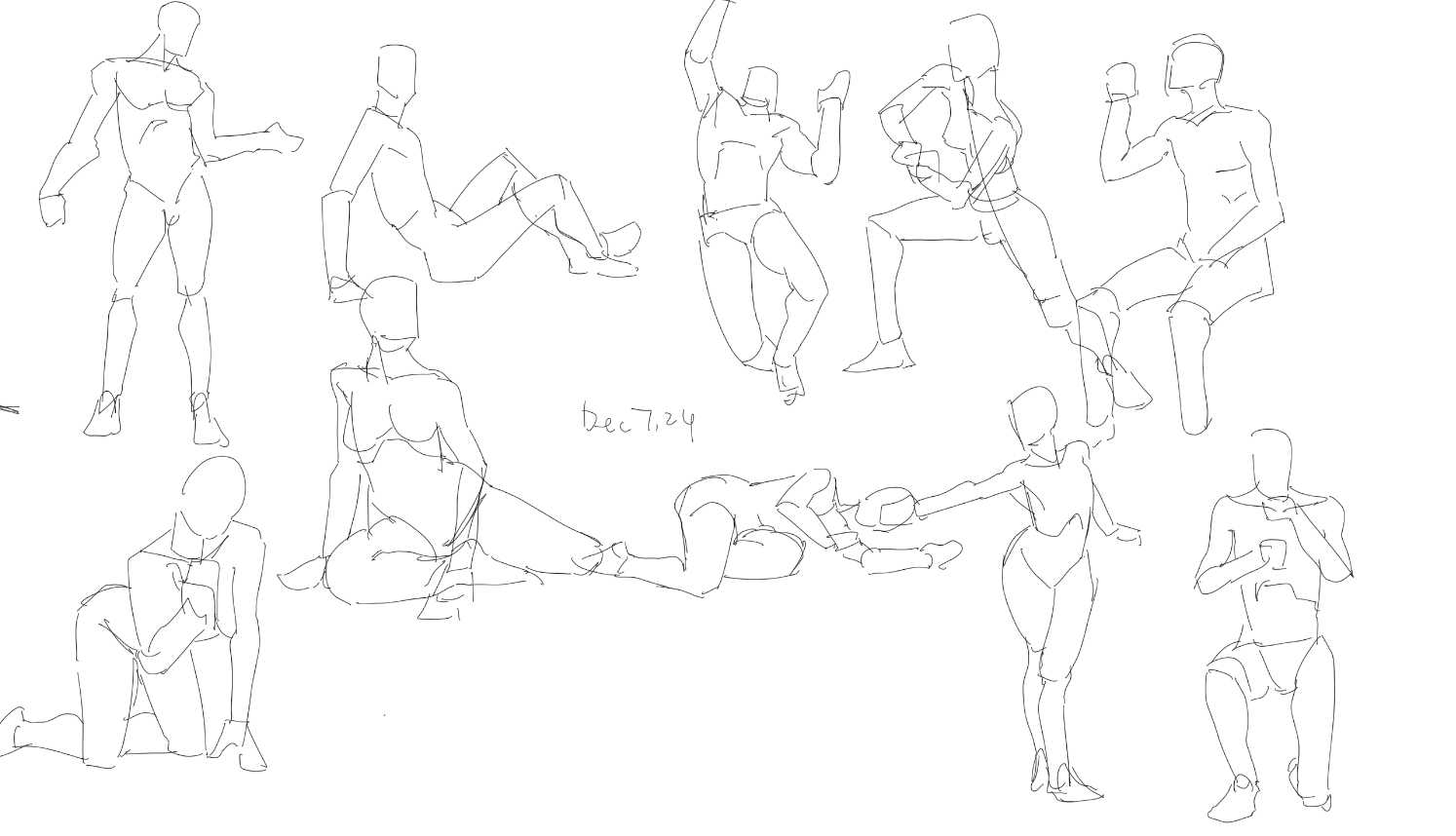 he image contains a collection of quick figure sketches, likely done from life or imagination.  the style is loose and expressive, focusing on capturing the essence of movement and form rather than precise detail.  the sketches show various poses, both static and dynamic, with figures in different positions and actions.  many are in implied motion, and the overall quality suggests this is a page from a sketchbook used for practice or warmup exercises. a date, "dec 7, 24", is written on the page, suggesting the date the sketches were made.  the lines are light and sketchy, giving the impression of speed and fluidity.