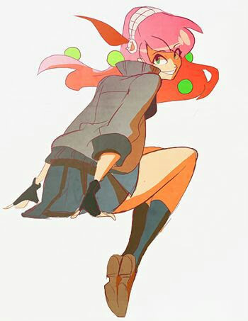 a digital illustration of an anime girl with pink hair. she is wearing a grey jacket, a white and yellow shirt, red and white shoes, and a black headband with a white stripe. she is looking at the viewer and smiling. she has pink hair with green highlights and a red scarf around her neck. the background is a white gradient.