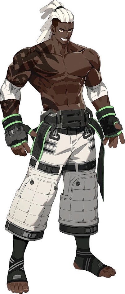 this is a digital illustration of a cartoon male character. he is a very muscular man with dark skin and white dreadlocks. he is wearing white pants, black and white shoes, black and green gloves and a black belt. he has a white and black tattoo on his right arm and black markings around his eyes. he appears to be in a fighting stance with his left arm forward, and his right arm is behind him. he is looking toward the right side of the image.