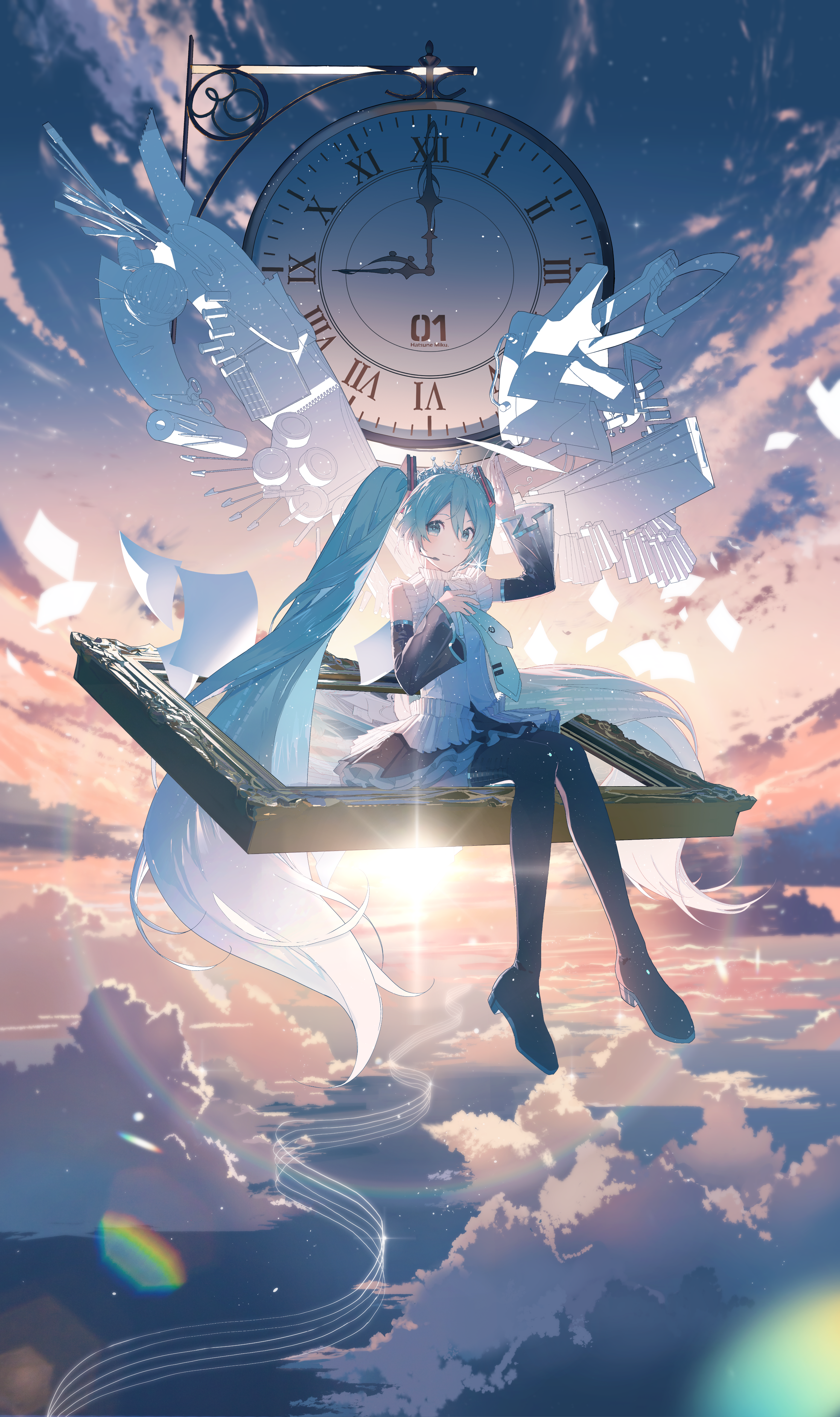 the image is a digital painting depicting hatsune miku, a popular vocaloid character, floating amidst a breathtaking sunset sky filled with fluffy clouds.  she is perched on a large, ornate picture frame that appears to be suspended in the air, alongside a clock which shows the time of 1:00. miku is dressed in a dark, elegant outfit with a white frilly skirt and matching accessories.  her signature long, turquoise twintails billow gently around her.  fragmented, almost translucent, paperlike objects swirl around her, possibly representing musical notes or pages from a book, adding to the whimsical and dreamlike atmosphere. the overall style is soft, dreamy, and fantastical, typical of anime and digital fantasy art. the background is dominated by beautiful sunset colors that blend into a soft, pastelhued sky.  the image exudes a sense of calm and magical wonder.