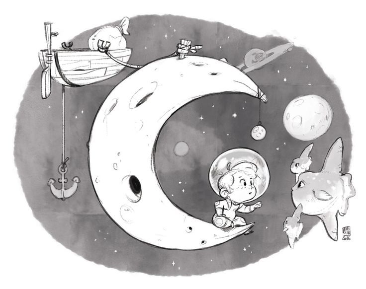 a grayscale illustration depicts a whimsical scene in space. a child astronaut sits on the lower curve of a large crescent moon, seemingly conversing with a group of ocean sunfish. a boat hangs from the upper curve of the moon via a rope and anchor. other celestial bodies, including planets and a flying saucer, dot the starfilled background.