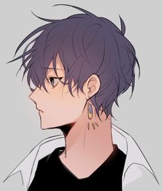the image is an animestyle illustration of a young man from the neck up, facing the left side of the frame. he has short, dark purple hair and wears a single dangling earring with a yellow crescent moon.  he has a tattoo of leaves and berries extending from his neck. his expression appears contemplative. the background is a plain light gray.