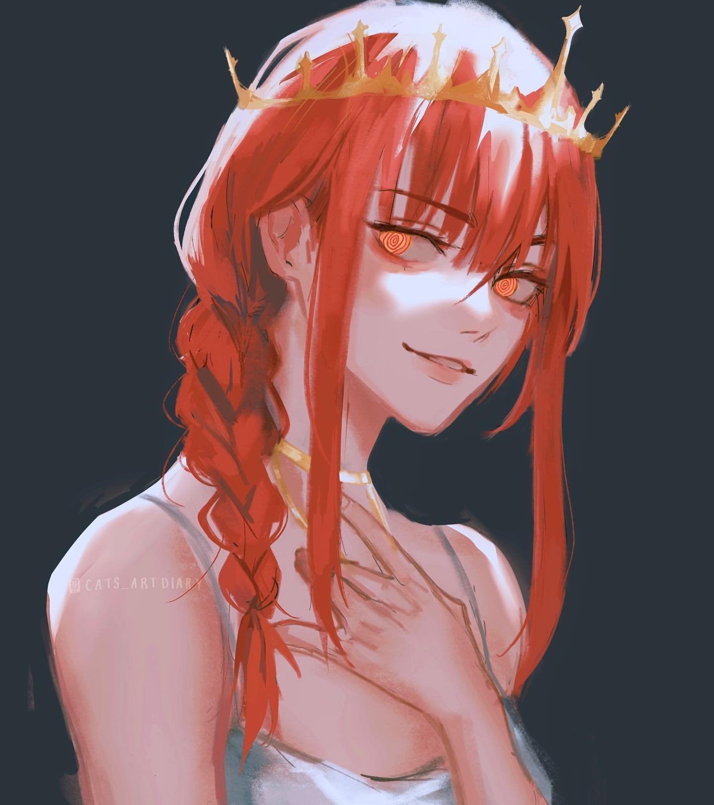the image showcases a digital painting of a young woman, possibly an anime character, with vibrant red hair styled in a braid. she wears a golden crown, suggesting royalty or fantasy, and a simple white dress. her eyes are a striking orange with a hypnotic, swirling pattern, adding to her mysterious allure. the artwork's style is soft and painterly, with subtle shading and blending of colors. the dark background makes the subject stand out prominently. the overall feel is one of elegance and captivating mystique.