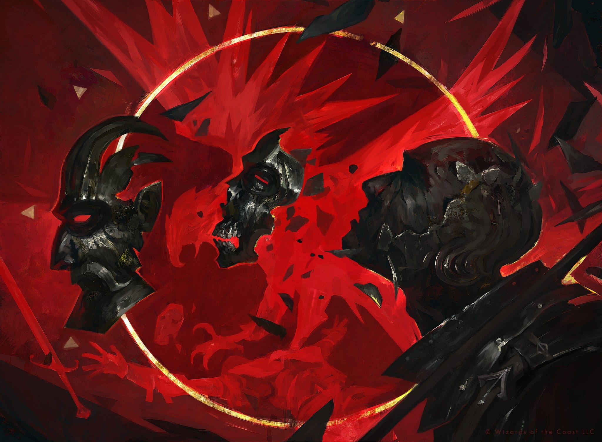 the artwork depicts a chaotic and violent scene dominated by vibrant reds and blacks. a central figure, seemingly demonic or hellish, is surrounded by an explosion of red, suggestive of blood or fire.  parts of the figure are disintegrating or shattering, revealing underlying skulls and fragmented faces.  another smaller demonic face is visible in the left corner. a golden circle frames this central action. the style is dark fantasy or gothic, with a strong emphasis on dramatic lighting and intense emotion. the overall mood is one of destruction, chaos, and death.