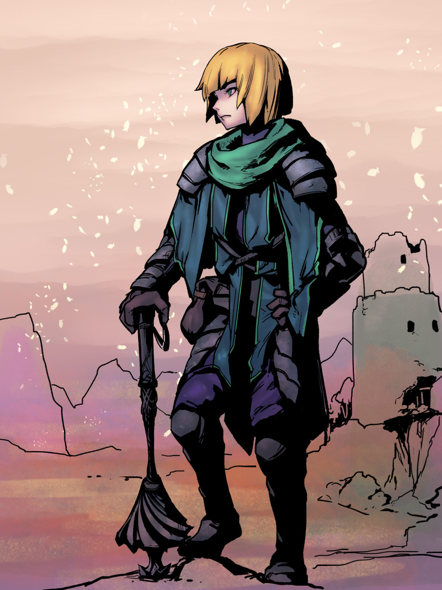 a young woman in anime style is walking through a desert landscape. she is wearing armor and a cloak. she holds a staff in her left hand. the background is a sunset sky with pink and purple mountains. ruins are to the right side of the picture.