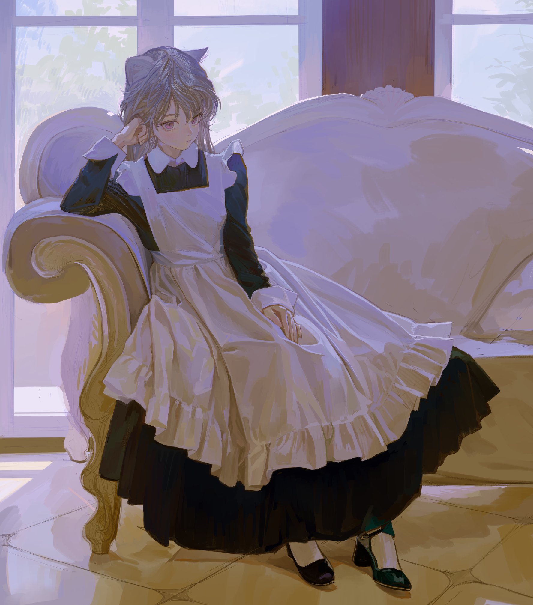 a catgirl wearing a black and white maid outfit is sitting on a white couch in front of a window.
