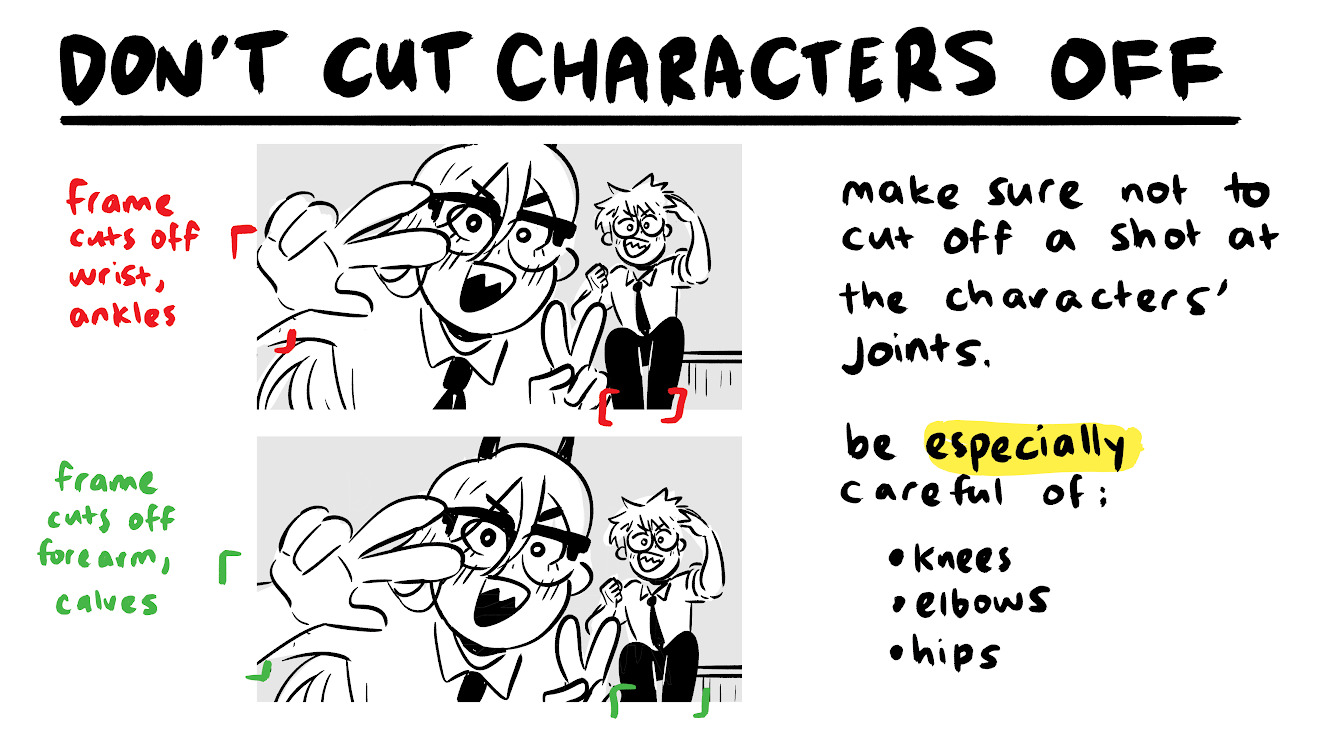 this image is a tutorial on character framing in visual mediums like storyboarding, filmmaking and animation. it demonstrates with examples the awkward visual effect of cutting off characters at the joints. it says to especially be careful of knees, elbows and hips.