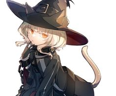 a young girl, styled as a witch, stands with her back slightly turned, glancing over her shoulder. she's adorned in a dark, intricately detailed outfit complete with a pointed hat, flowing cape, and intricate accessories. her golden eyes peer out from under her hat, and she possesses catlike features, including pointed ears and a long, elegant tail.