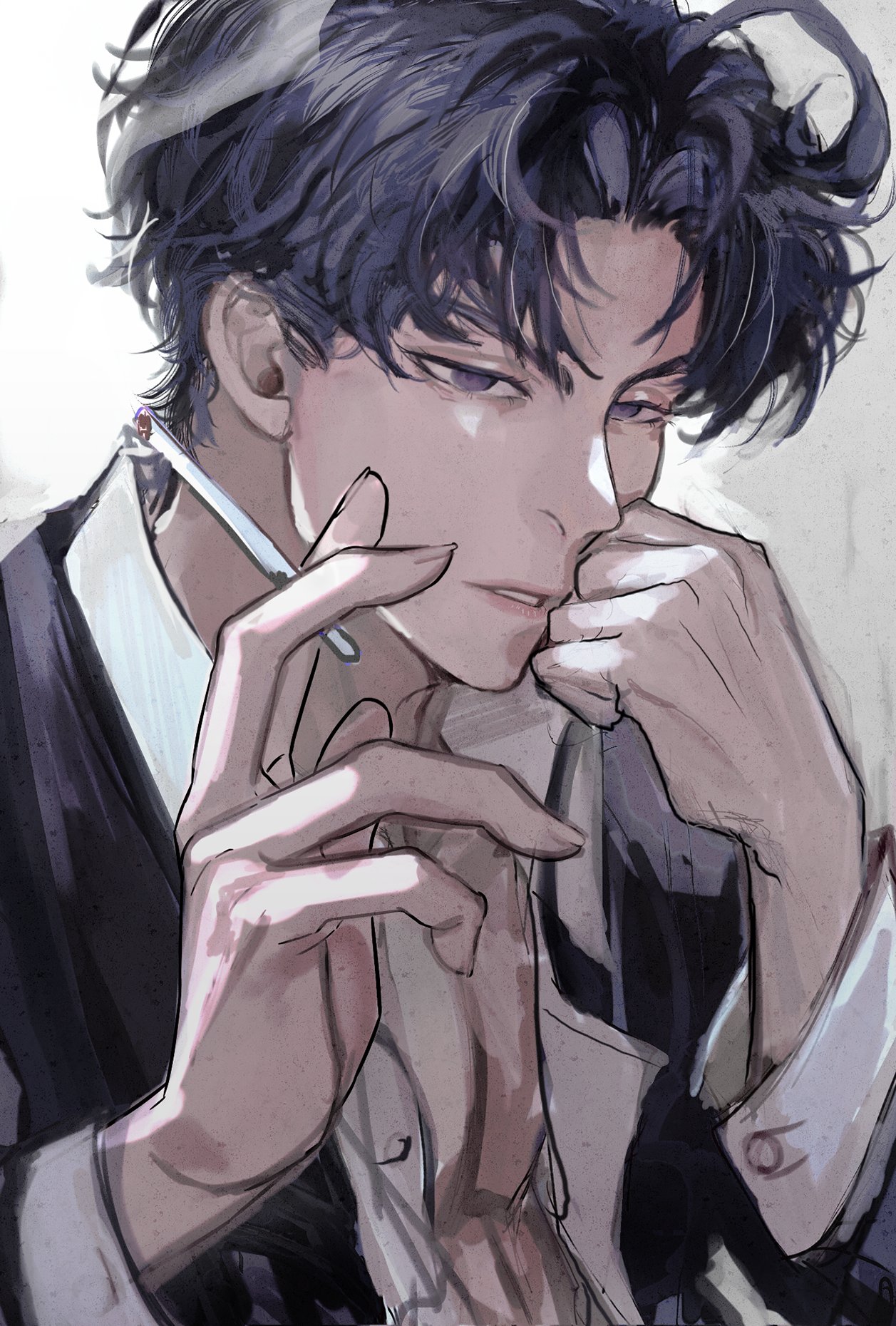 this is a digital art piece featuring a handsome anime man with dark blue hair. he is wearing a suit and tie and holding a cigarette in his left hand while his right hand rests under his chin, making a thoughtful expression. his eyes are shaded but they show hints of bluegrey, and the overall mood of the image is mysterious and moody. the light hitting his face creates a shadow on his profile, creating a striking contrast.