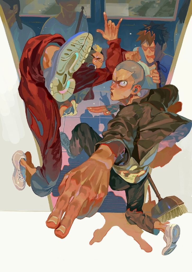the image is a vibrant and dynamic illustration in an anime/manga style, depicting a group of young people in a seemingly confrontational or chaotic scene. the style is expressive and bold, with a focus on strong colors and movement. the perspective is low and close up, emphasizing the intensity of the action. one character is prominently featured in the foreground, their hand reaching out towards the viewer. the overall feel is energetic and urban, possibly conveying a story of youth culture and conflict.  the background is suggestive of an indoor setting, possibly a hallway or corridor.  the details are stylized and not photorealistic, but emphasize movement and emotion through brush strokes and color choices.  a broom is visible, adding an element of unexpected contrast.