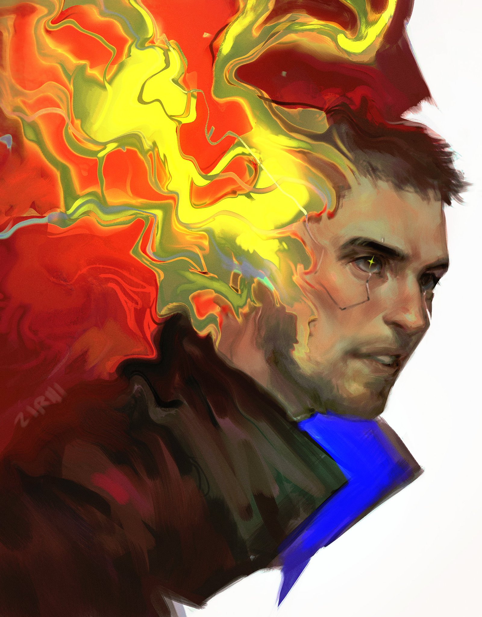 the image is a digital painting of a man's portrait, styled in a cyberpunk or futuristic manner.  his head and shoulders are depicted, with a vibrant, abstract swirl of red, yellow, and green colors dominating the area behind his head, suggesting energy or a technological interface. the man has short, dark hair, a serious expression, and appears to have a cybernetic implant near his eye. he wears a dark jacket with a bright blue element at the collar. the painting style is loose and expressive, with visible paint strokes contributing to a sense of movement and dynamism. the overall mood is intense and dramatic, hinting at a narrative or character with inner conflict or powerful abilities.