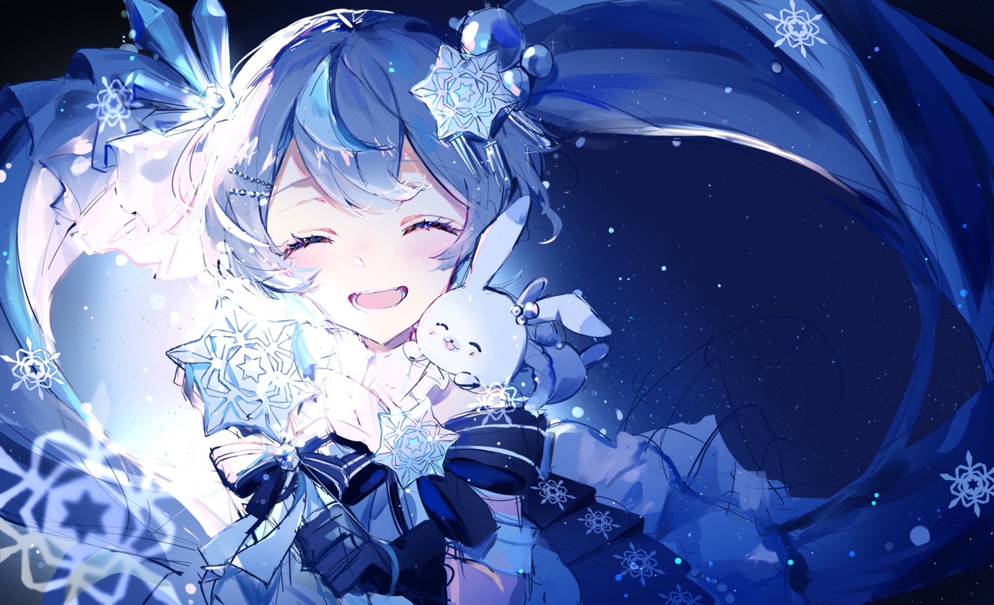 the image is a digital drawing of an anime girl with long, flowing blue hair adorned with snowflakeshaped ornaments. she's smiling brightly and holding a small, white plush bunny.  her outfit is primarily white and blue, fitting a winter theme, with snowflake patterns throughout.  the overall style is soft, with a focus on light and color blending, creating a dreamy and enchanting atmosphere. the background is a dark blue, speckled with small shining lights, enhancing the magical feel. the art style is suggestive of fanart, potentially for a virtual youtuber or similar character.