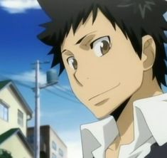 a closeup portrait of a young man from an anime series. he has spiky brown hair and brown eyes. he is wearing a white shirt with a popped collar. the background shows a clear blue sky and a street with houses.